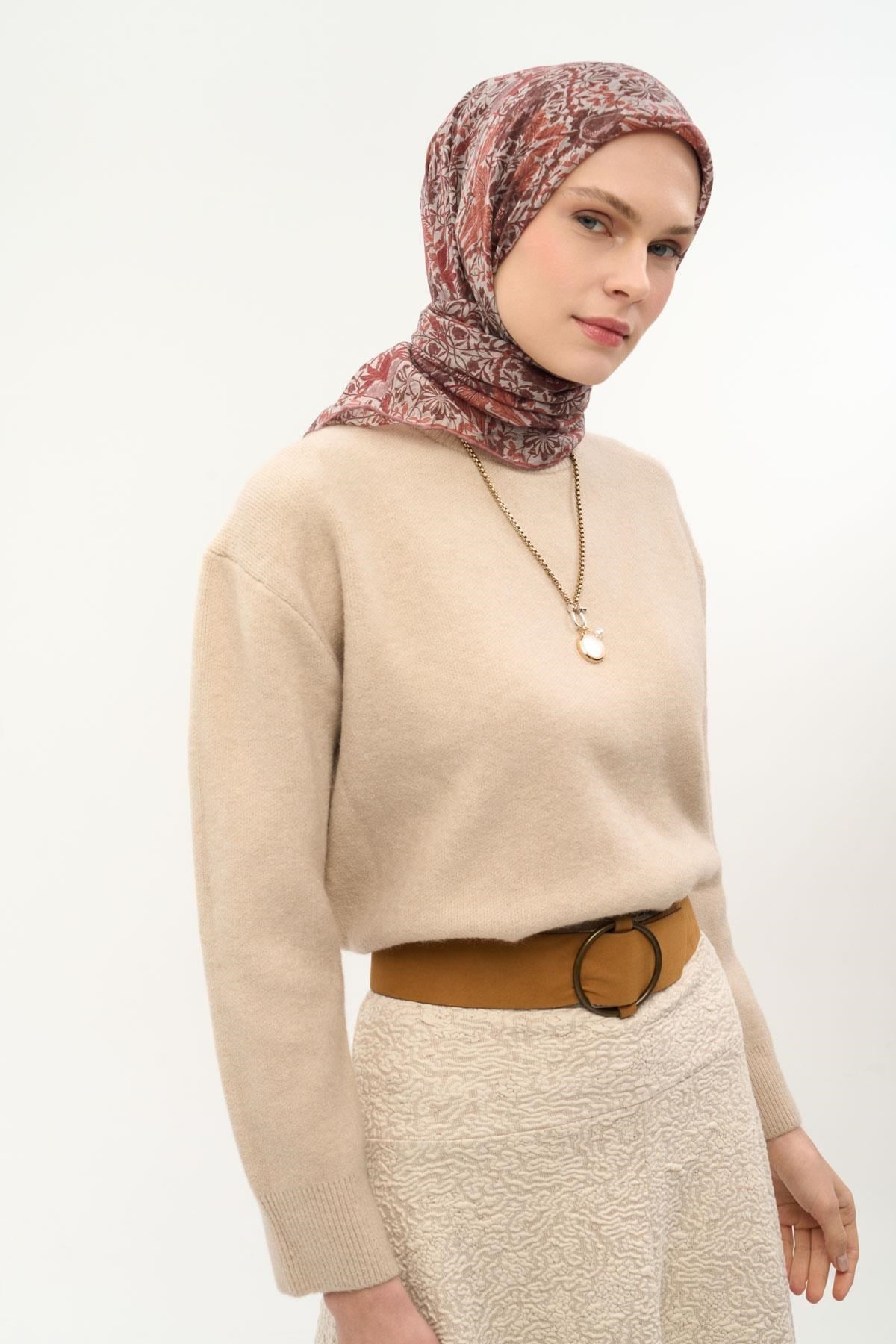 Tencel Monare Eşarp Floral Desen Gümüş 90X90