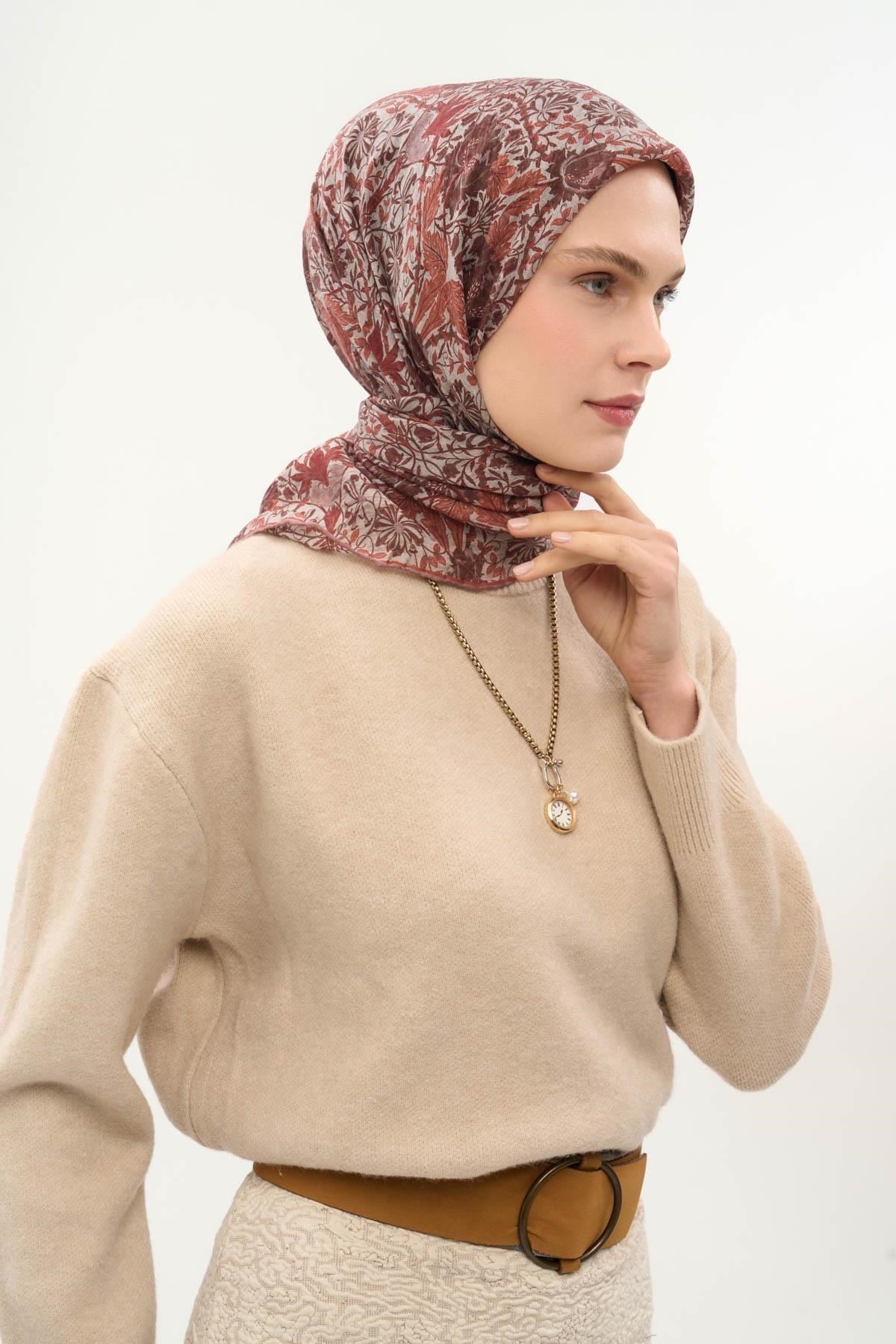 Tencel Monare Eşarp Floral Desen Gümüş 90X90