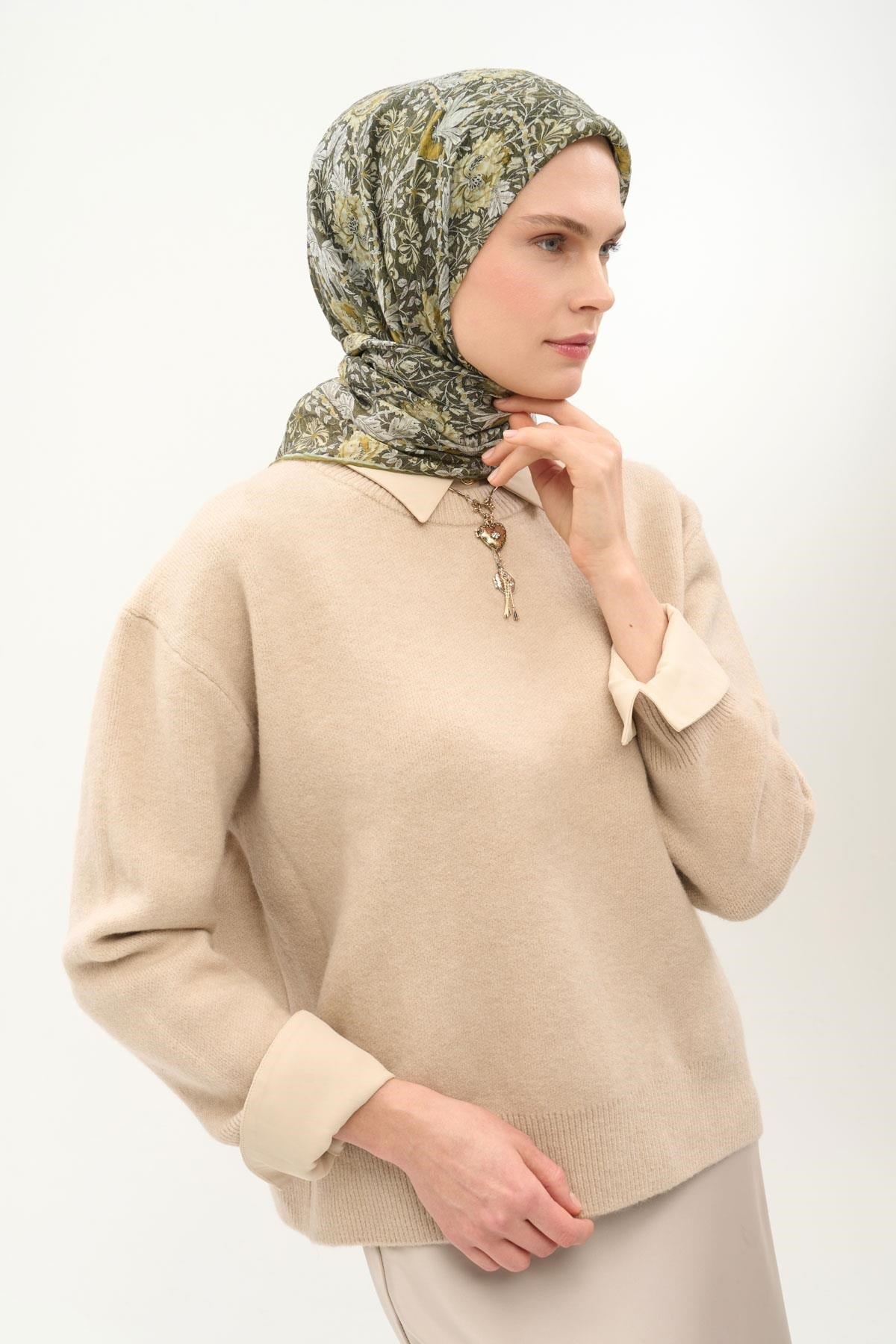 Tencel Monare Eşarp Floral Desen Haki 90X90