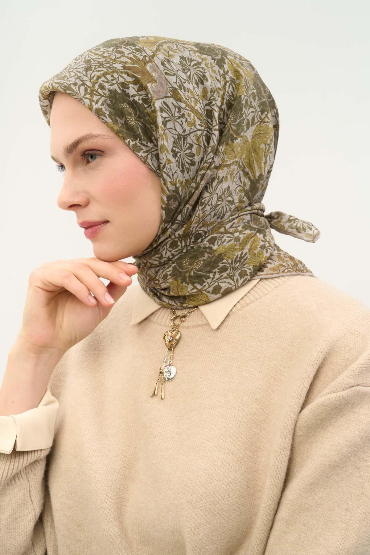 Tencel Monare Eşarp Floral Desen Taş 90X90