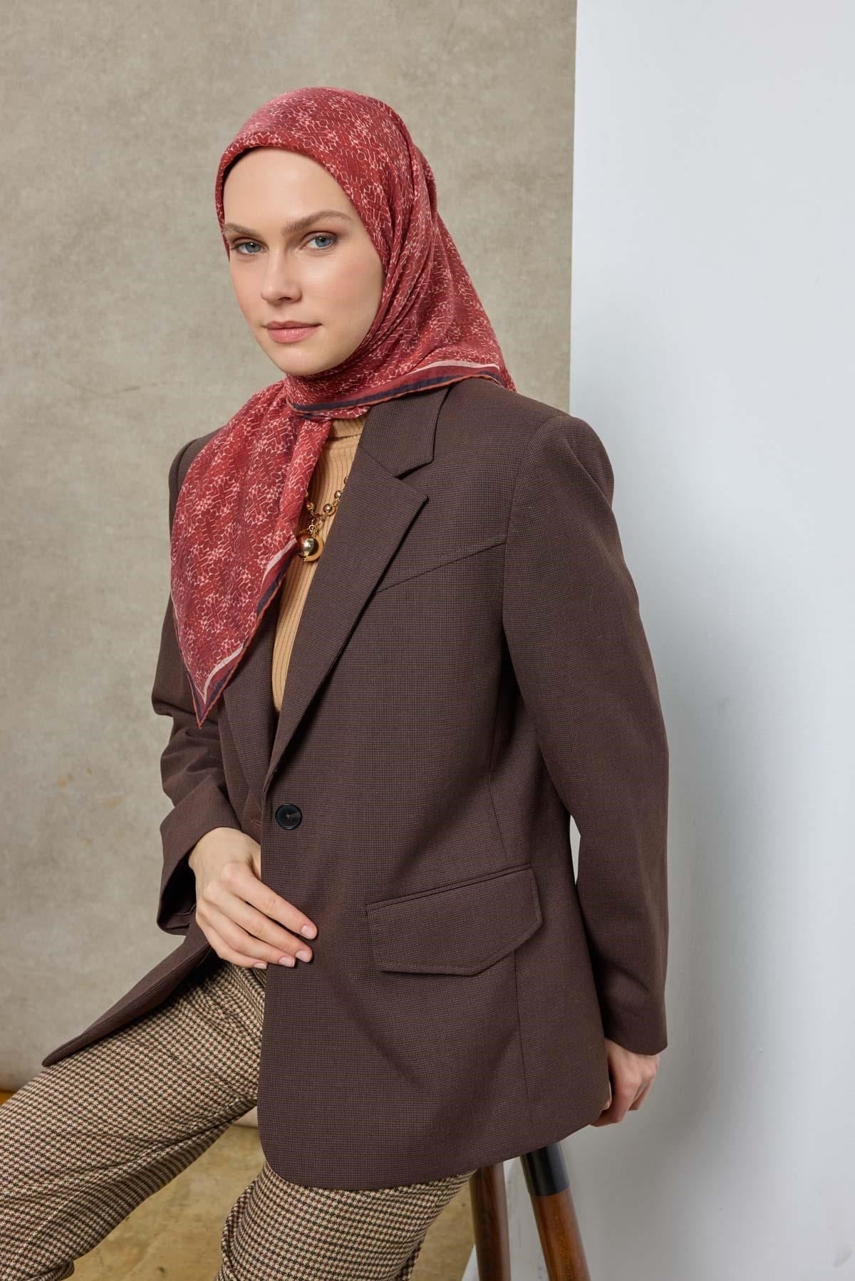 Tencel Monare Eşarp Geometrik Motif Desen Kiremit Kırmızı 90X90