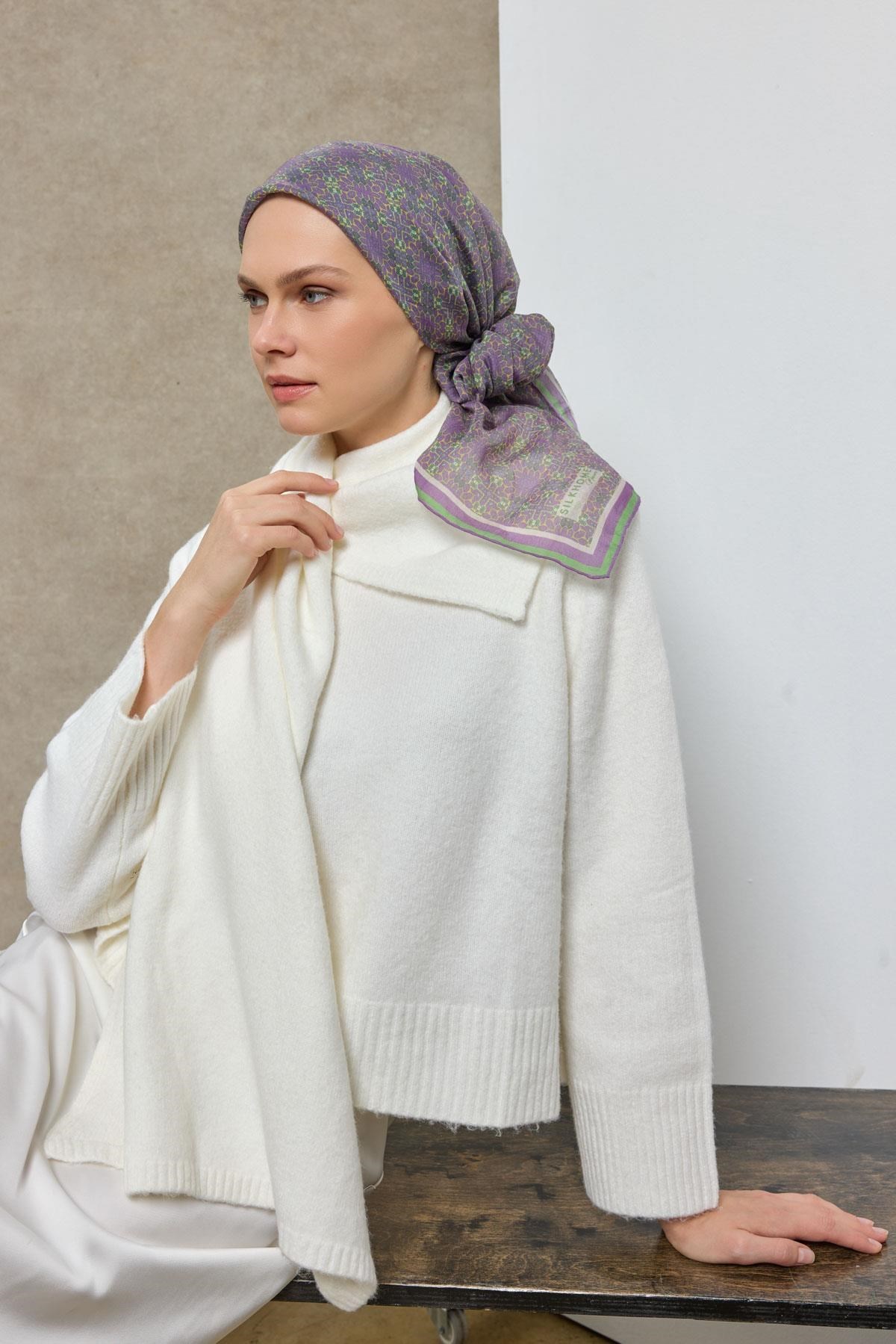 Tencel Monare Eşarp Geometrik Motif Desen Eflatun 90X90
