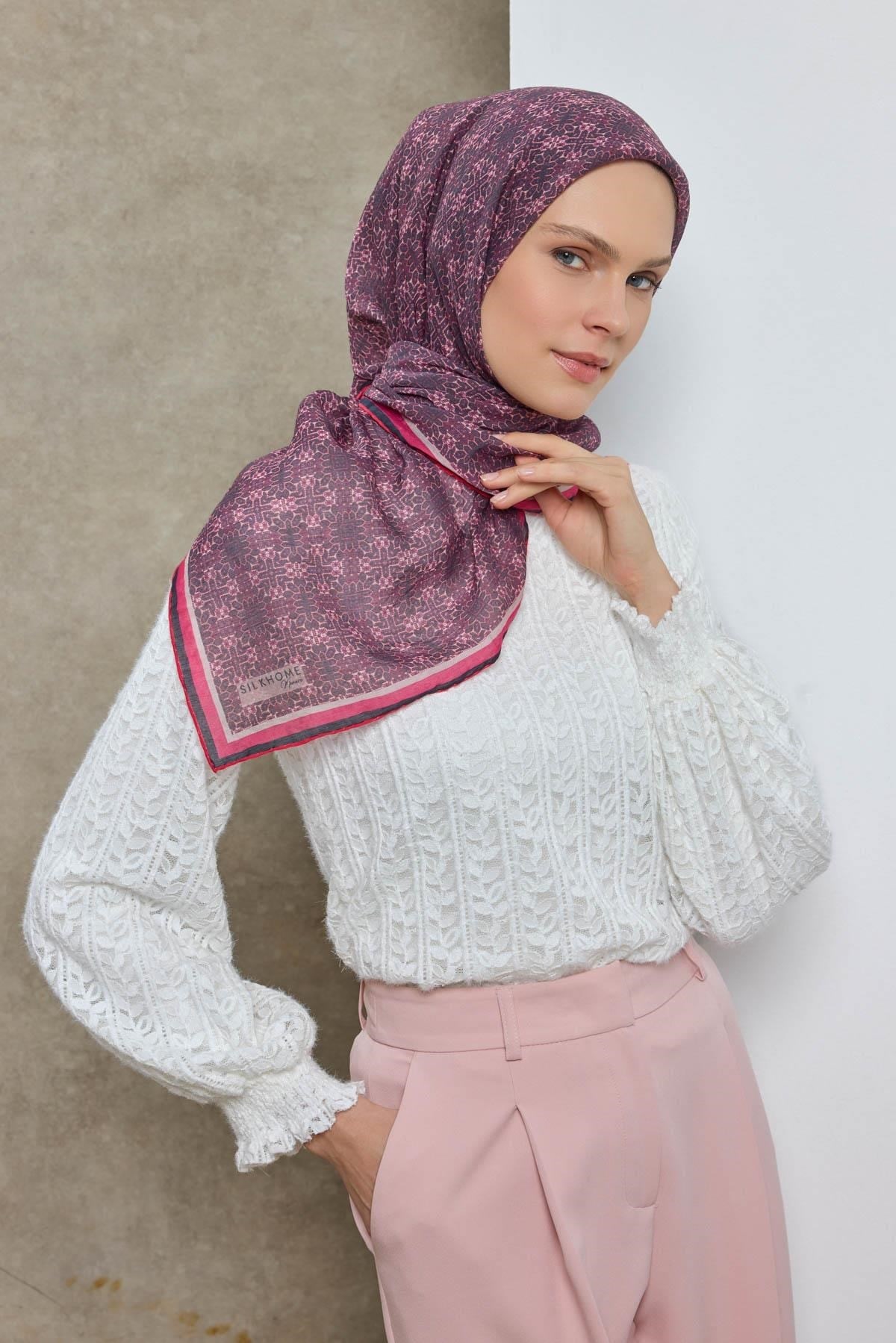 Tencel Monare Eşarp Geometrik Motif Desen Mor 90X90