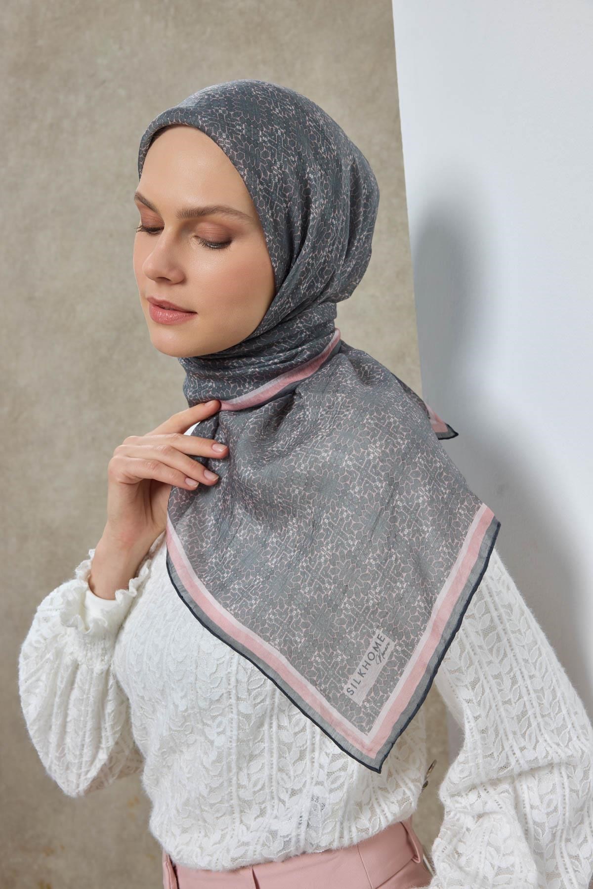 Tencel Monare Eşarp Geometrik Motif Desen Koyu Gri 90X90
