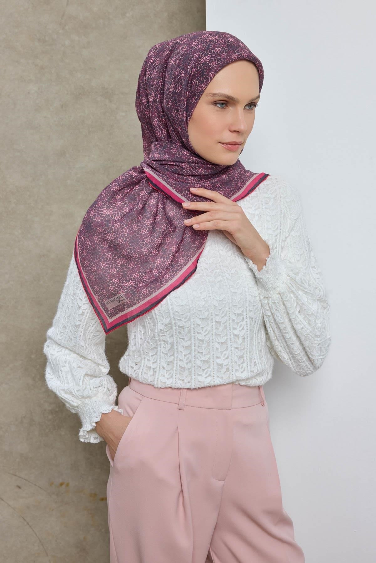 Tencel Monare Eşarp Geometrik Motif Desen Mor 90X90