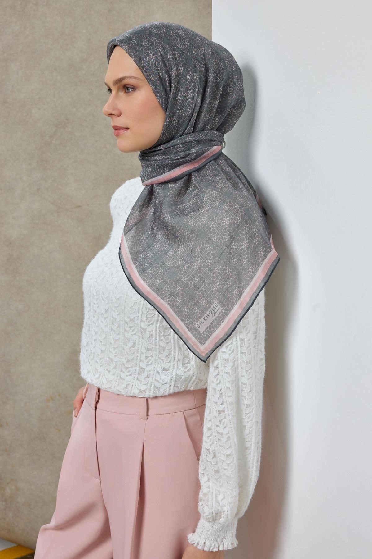 Tencel Monare Eşarp Geometrik Motif Desen Koyu Gri 90X90