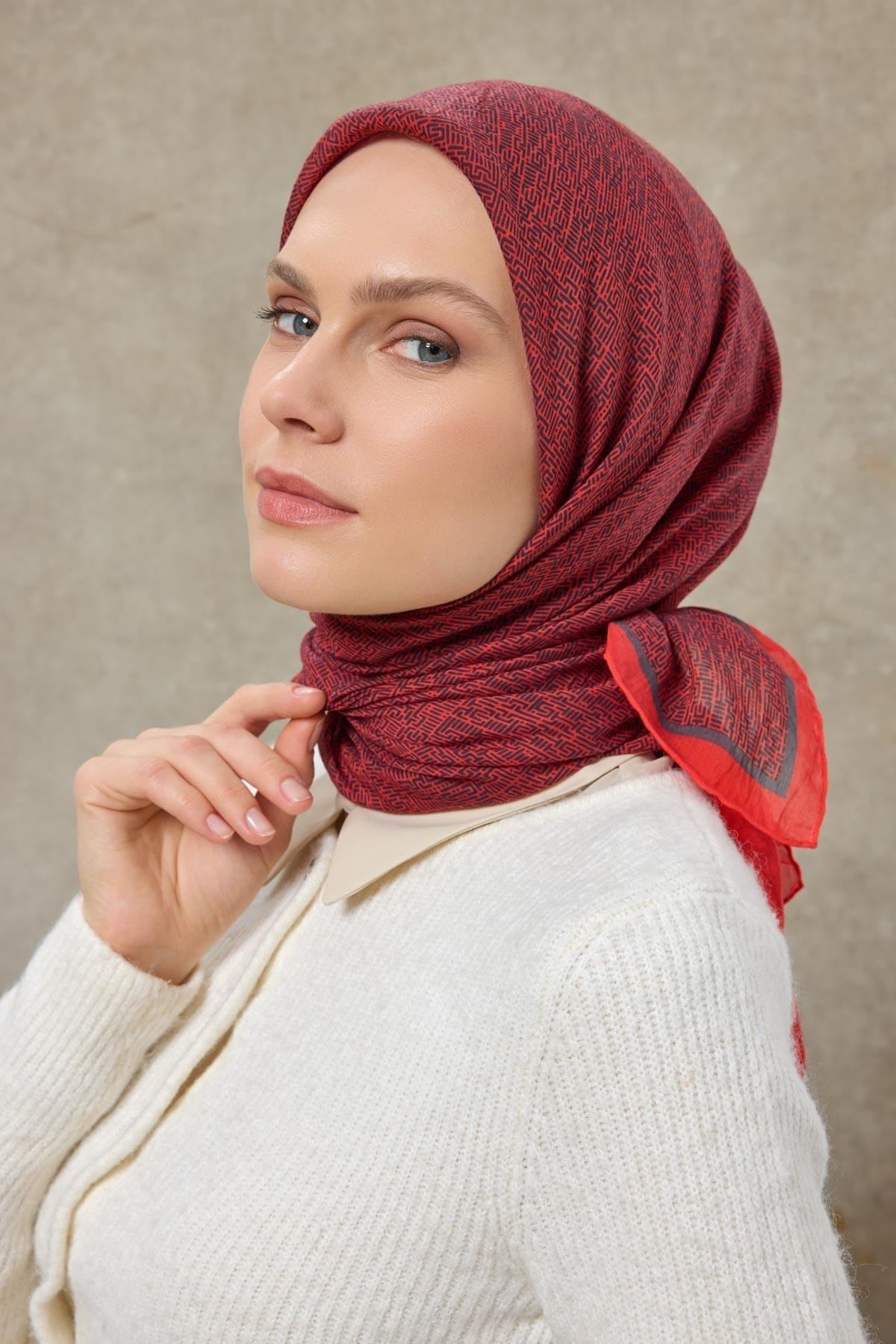 Tencel Monare Eşarp Labirent Desen Bayrak Kırmızısı 90X90