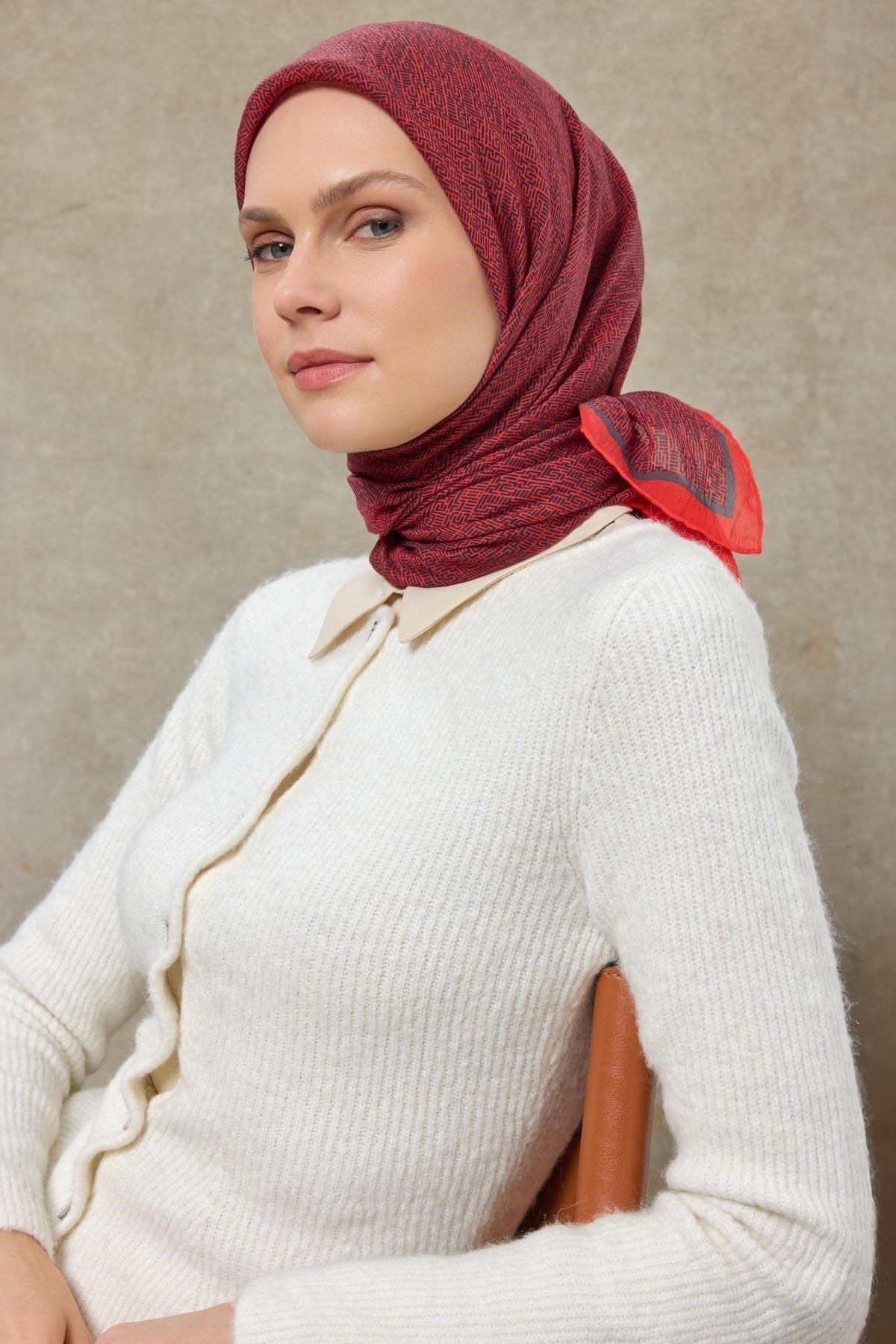 Tencel Monare Eşarp Labirent Desen Bayrak Kırmızısı 90X90