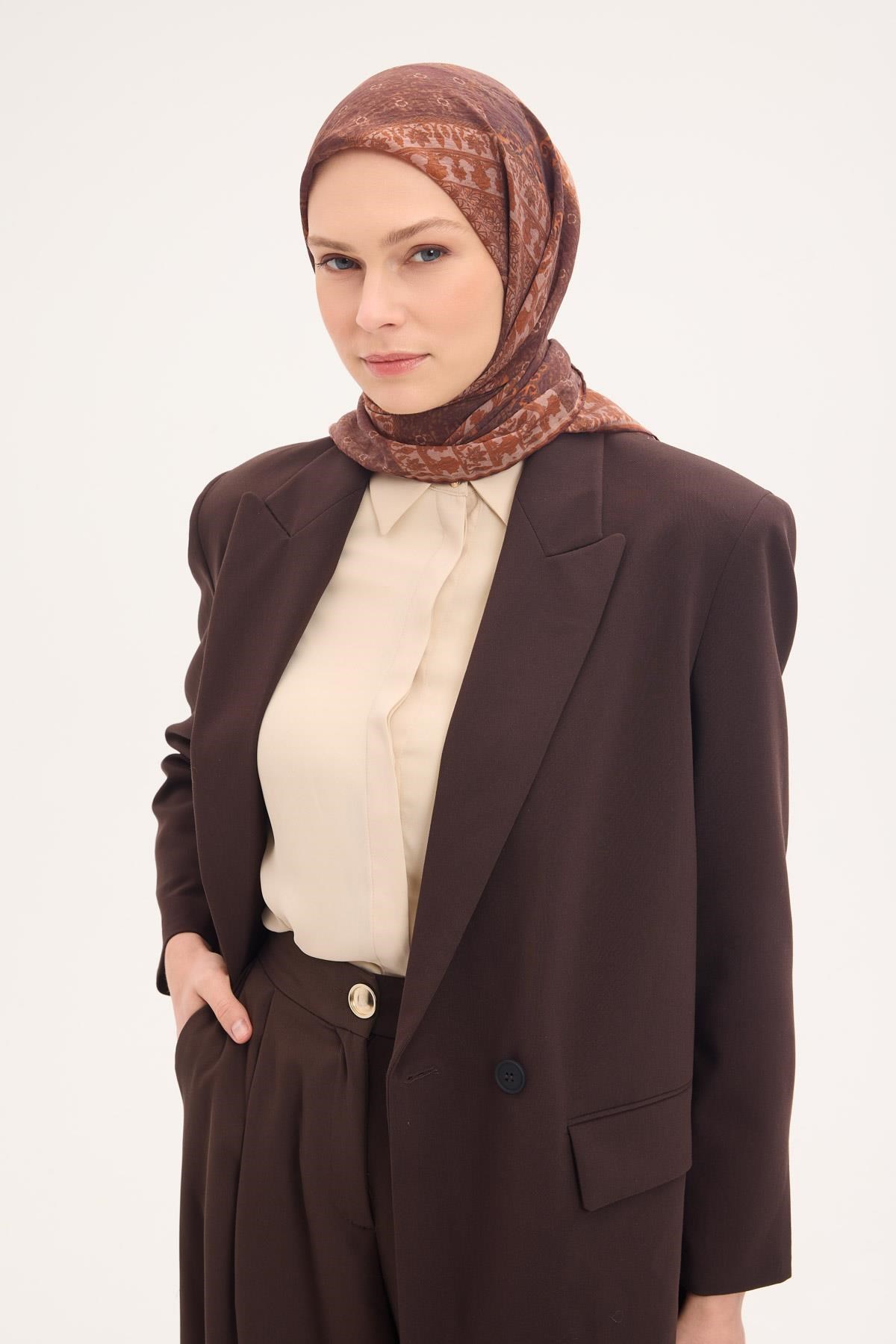 Tencel Monare Eşarp Osmanlı Desen Acı Kahve 90X90