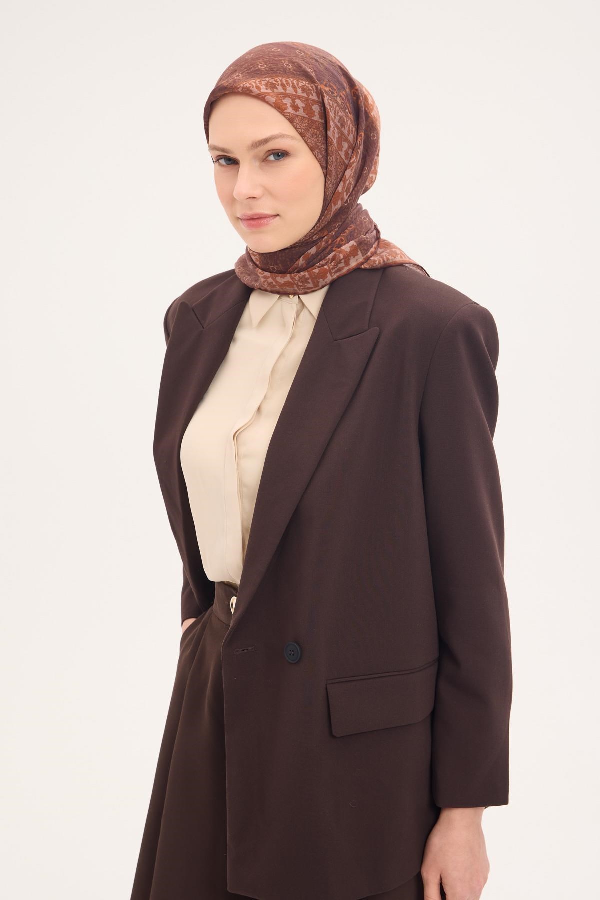 Tencel Monare Eşarp Osmanlı Desen Acı Kahve 90X90