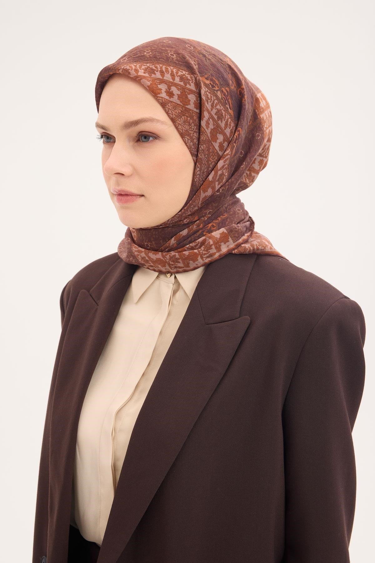 Tencel Monare Eşarp Osmanlı Desen Acı Kahve 90X90