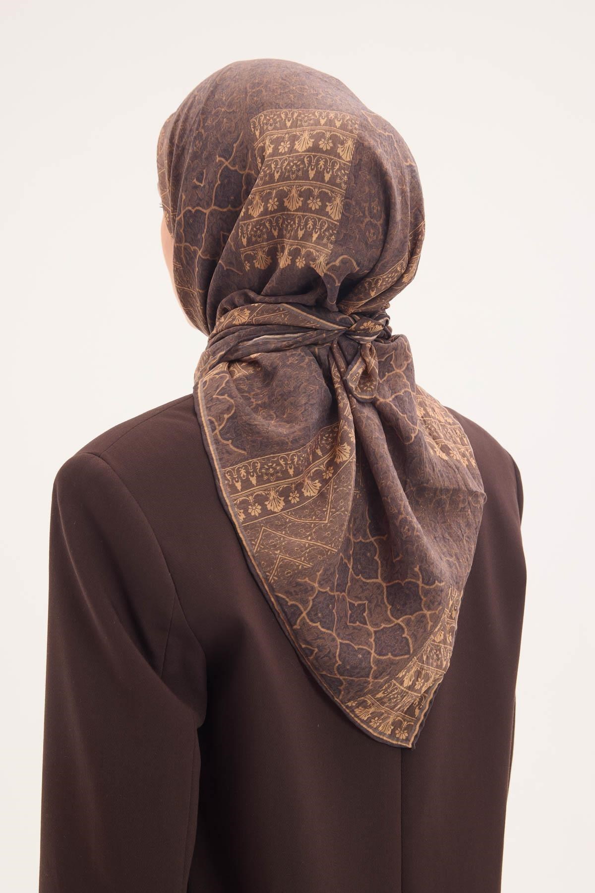 Tencel Monare Eşarp Osmanlı Desen Kahverengi 90X90