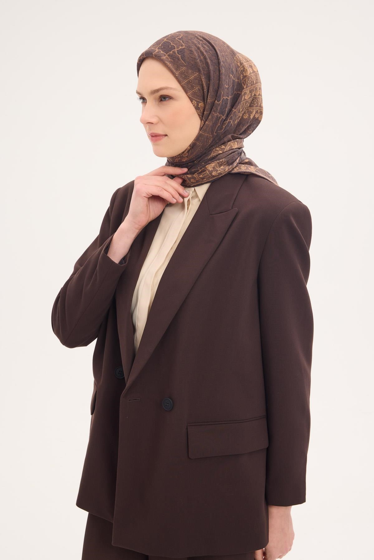 Tencel Monare Eşarp Osmanlı Desen Kahverengi 90X90