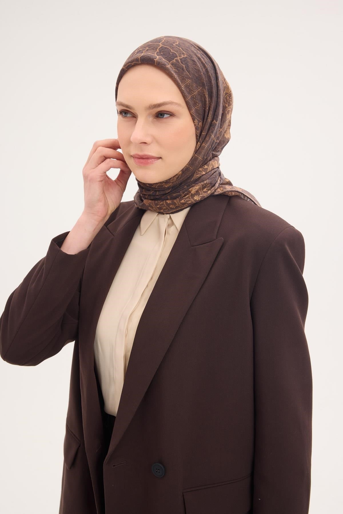 Tencel Monare Eşarp Osmanlı Desen Kahverengi 90X90
