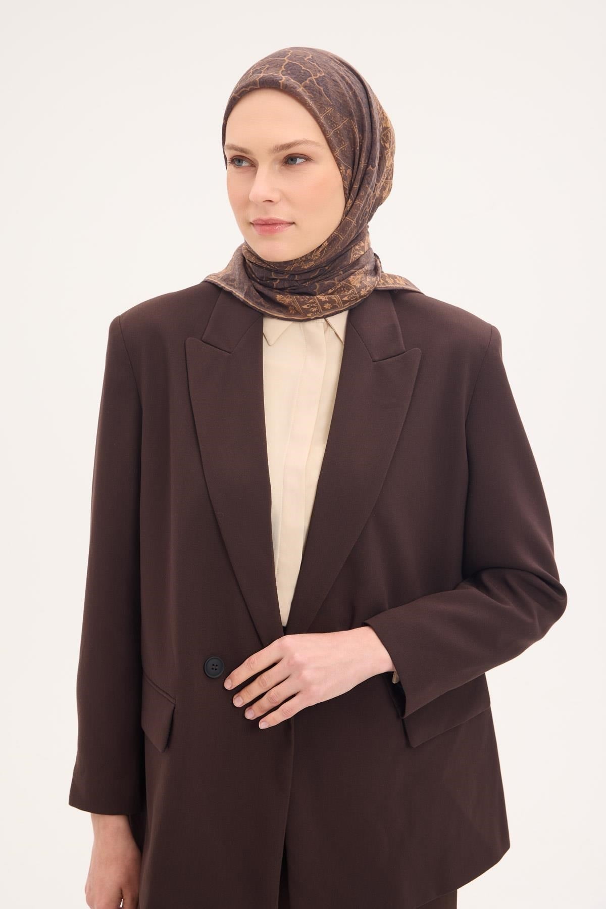 Tencel Monare Eşarp Osmanlı Desen Kahverengi 90X90