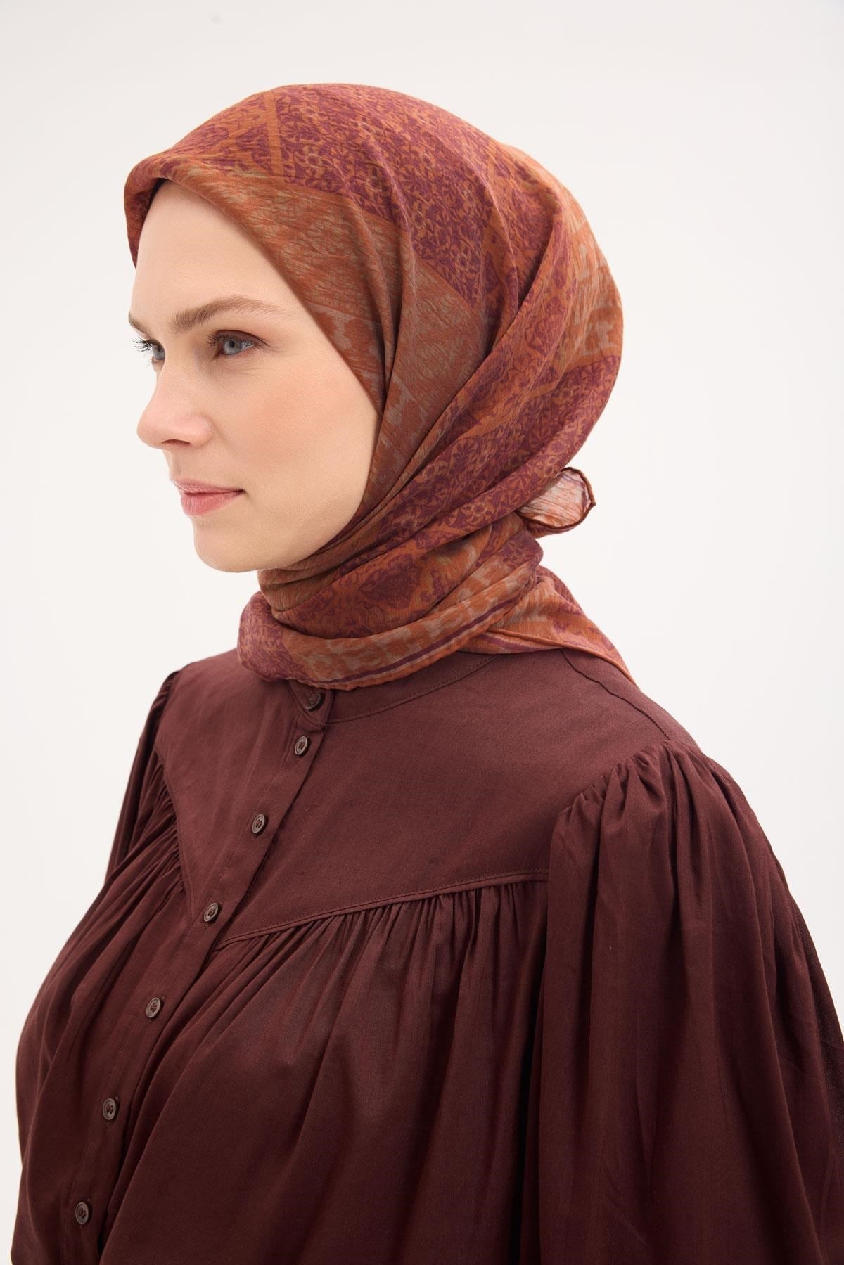 Tencel Monare Eşarp Osmanlı Desen Pas Rengi 90X90