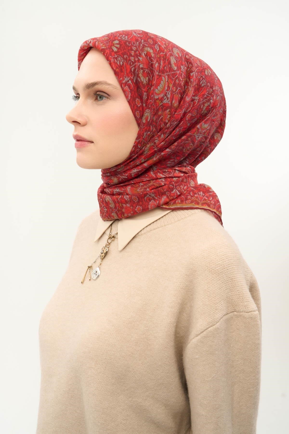 Tencel Monare Eşarp Saray Baharı Desen Bordo 90X90