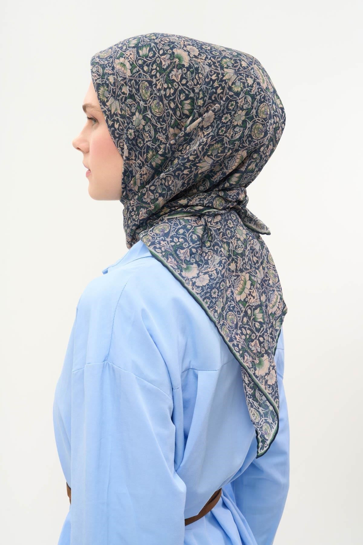 Tencel Monare Eşarp Saray Baharı Desen Lacivert 90X90