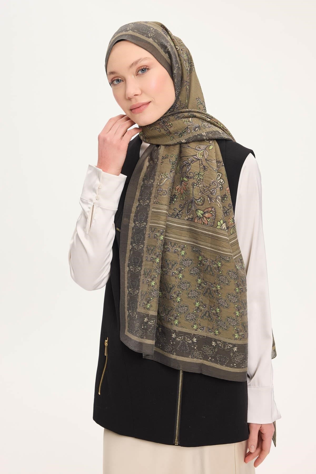 Tencel Monare Şal Asker Yeşili Çiçek Desen 75x195