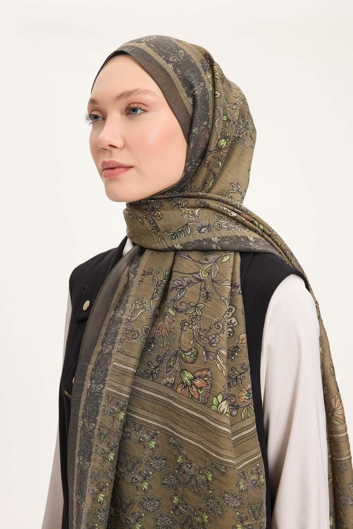 Tencel Monare Şal Asker Yeşili Çiçek Desen 75x195