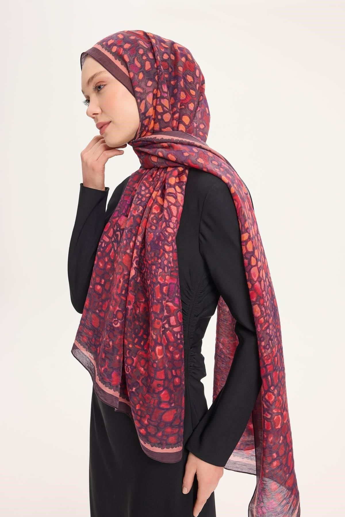 Tencel Monare Şal Mürdüm Taş Desen 75x195