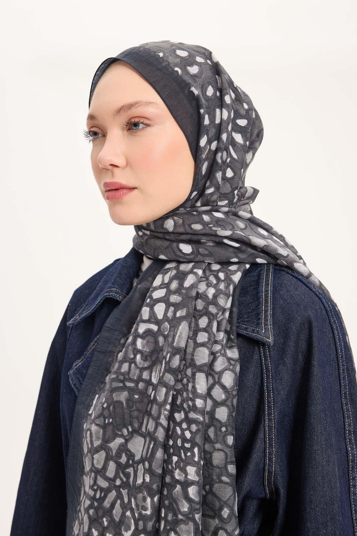 Tencel Monare Şal Siyah Taş Desen 75x195