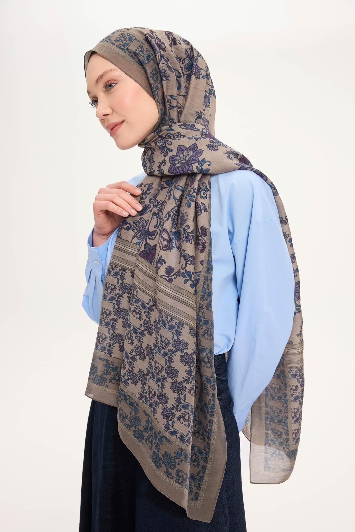 Tencel Monare Şal Vizon Çiçek Desen 75x195
