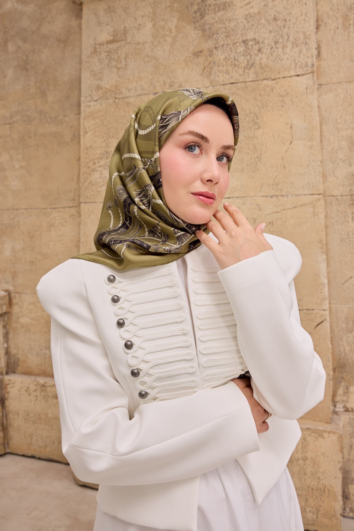 Twill İpek Eşarp  Detailed Belt Eşarp Haki