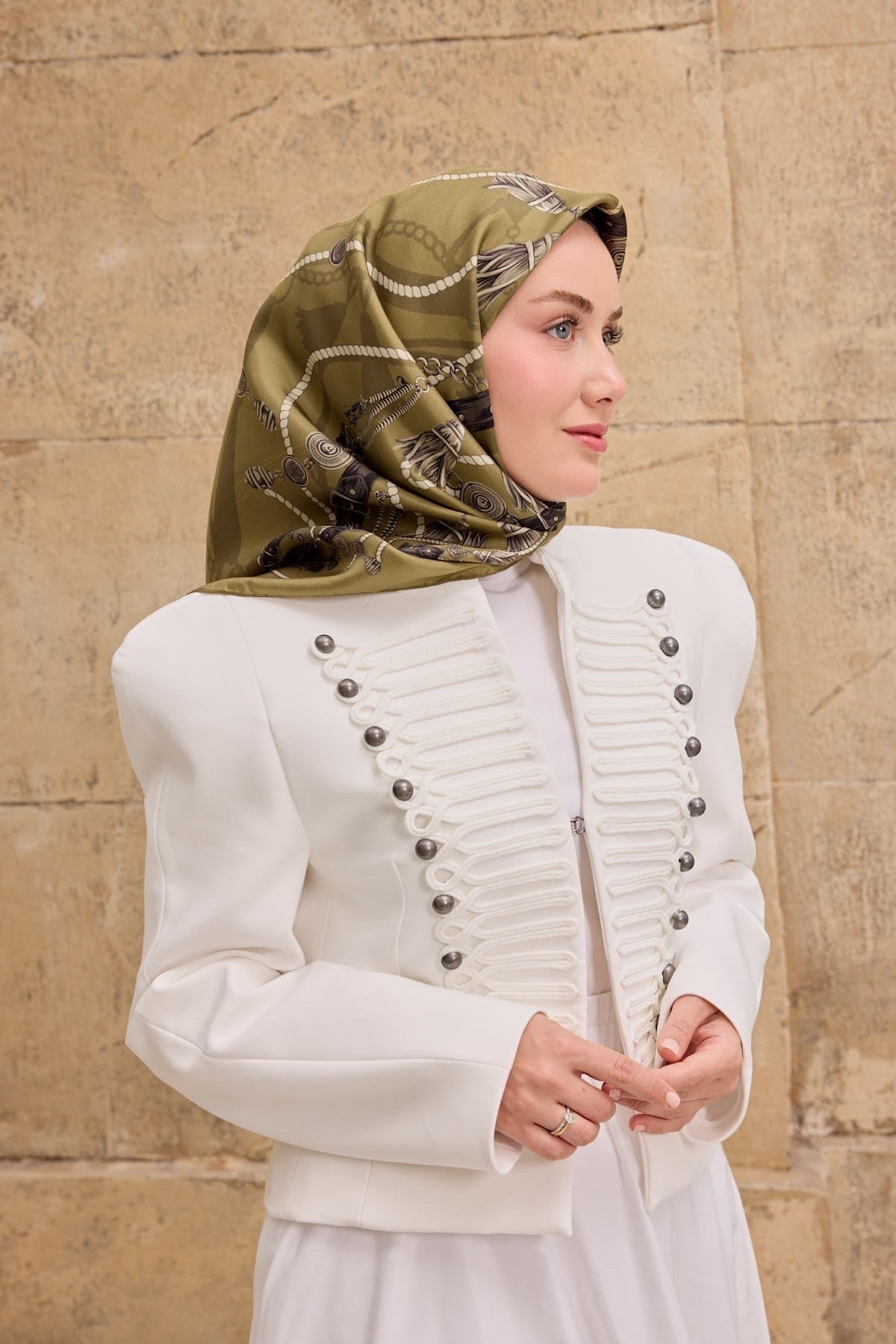 Twill İpek Eşarp  Detailed Belt Eşarp Haki