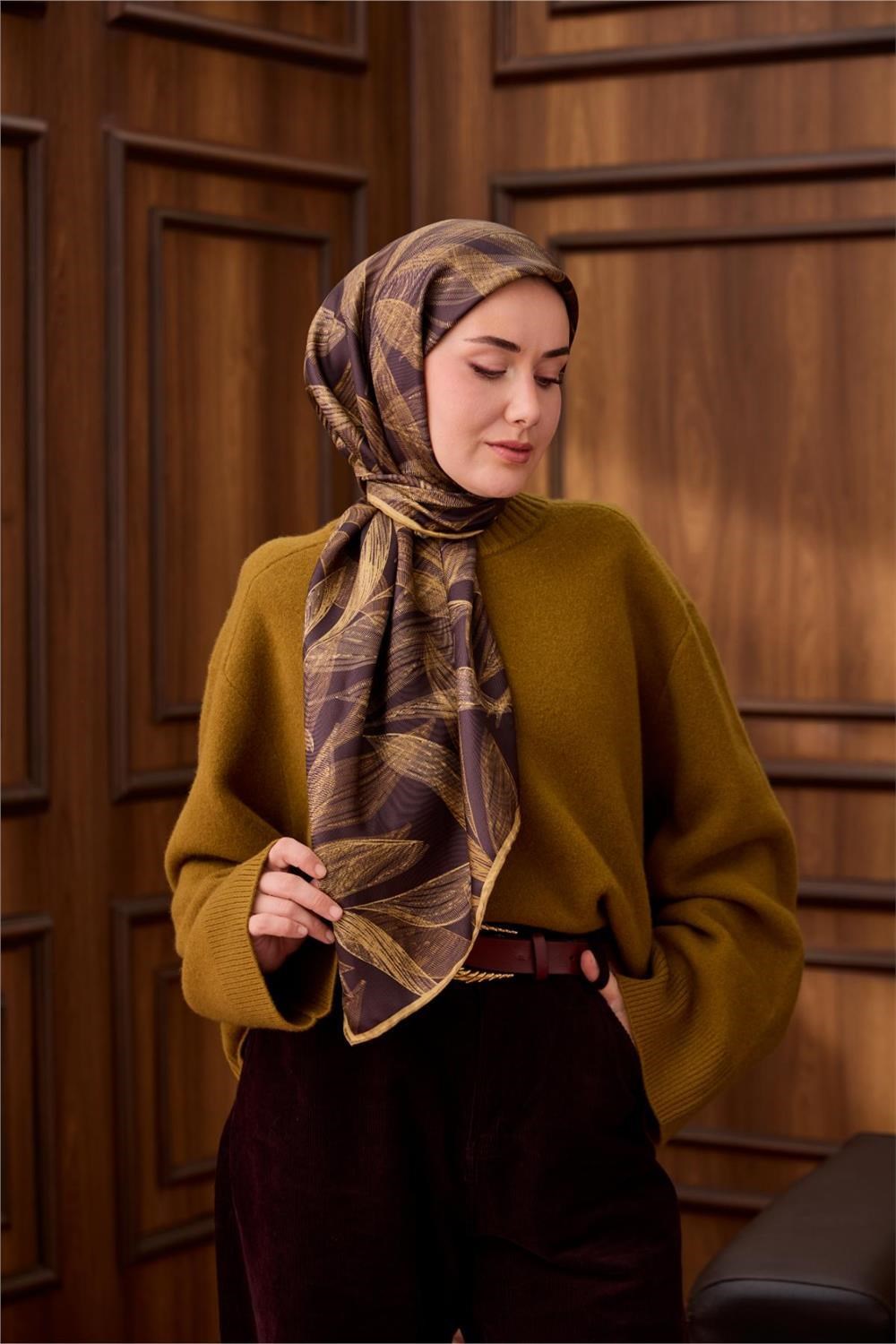 Twill İpek Eşarp Acı Kahve-Açık Gold Gold Geçişli Kaymaz Tok Duruşlu 90x90