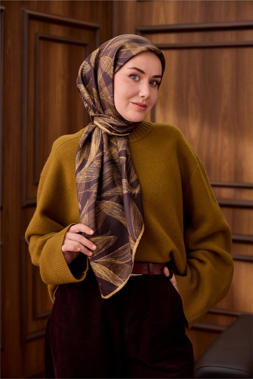 Twill İpek Eşarp Acı Kahve-Açık Gold Gold Geçişli Kaymaz Tok Duruşlu 90x90