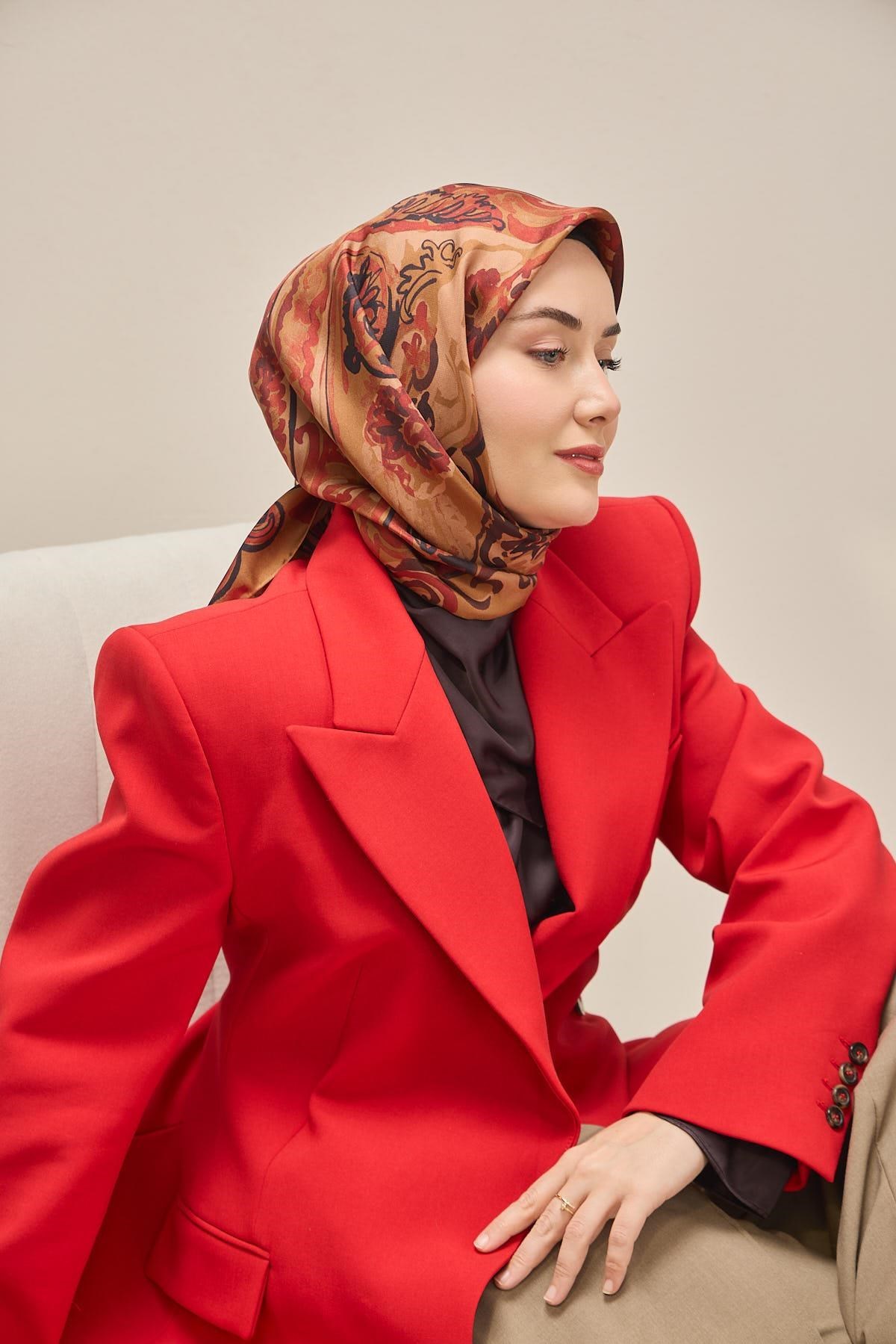 Twill İpek Eşarp Art Desen Bordo 90x90