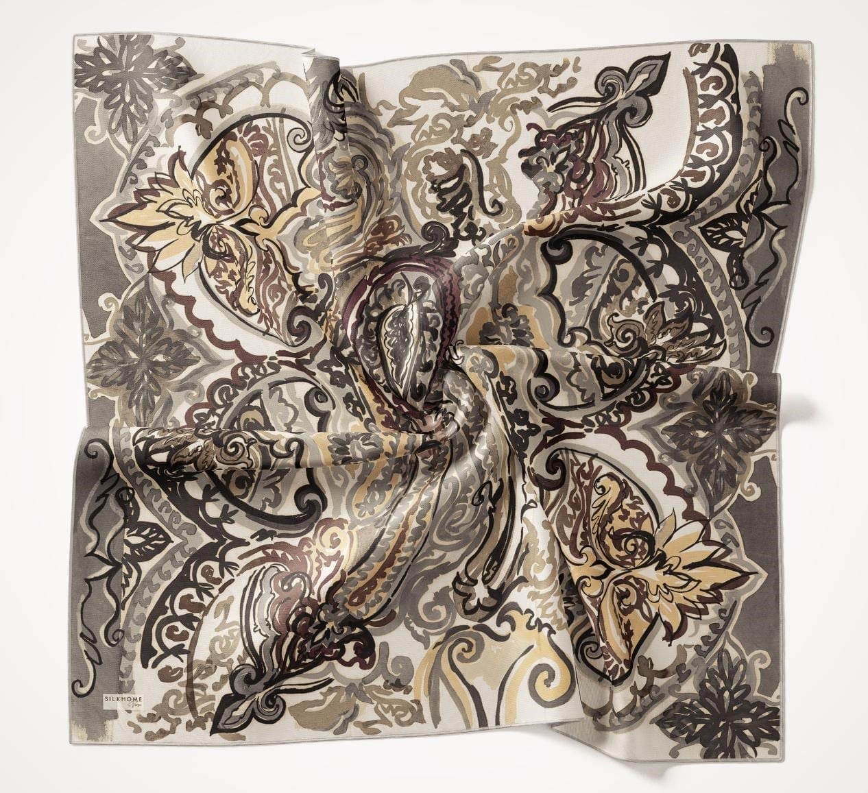 Twill İpek Eşarp Art Desen Yeşil Gri 90x90