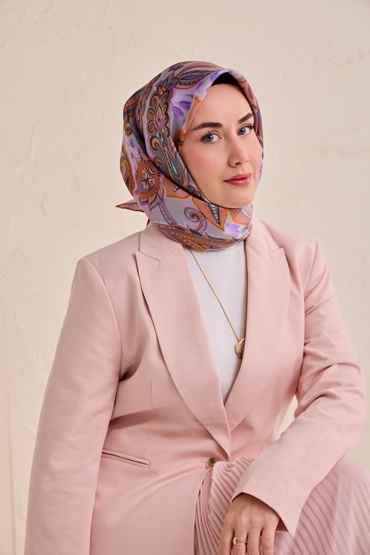 Twill İpek Eşarp Badem Motif Desen Lila 90x90