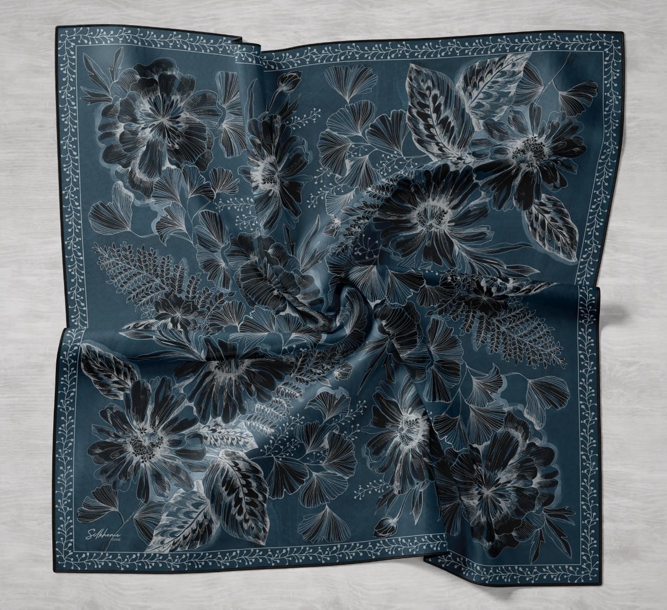 Twill İpek Eşarp Büyük Çiçek Petrol Mavi 90x90