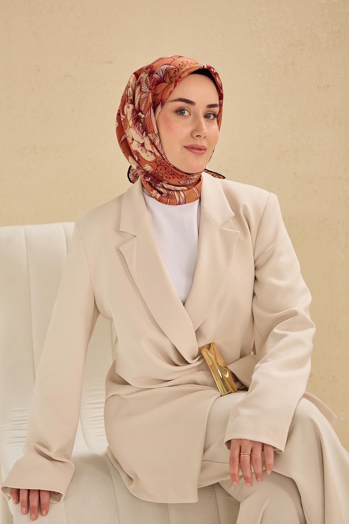 Twill İpek Eşarp Büyük Çiçek Somon 90x90