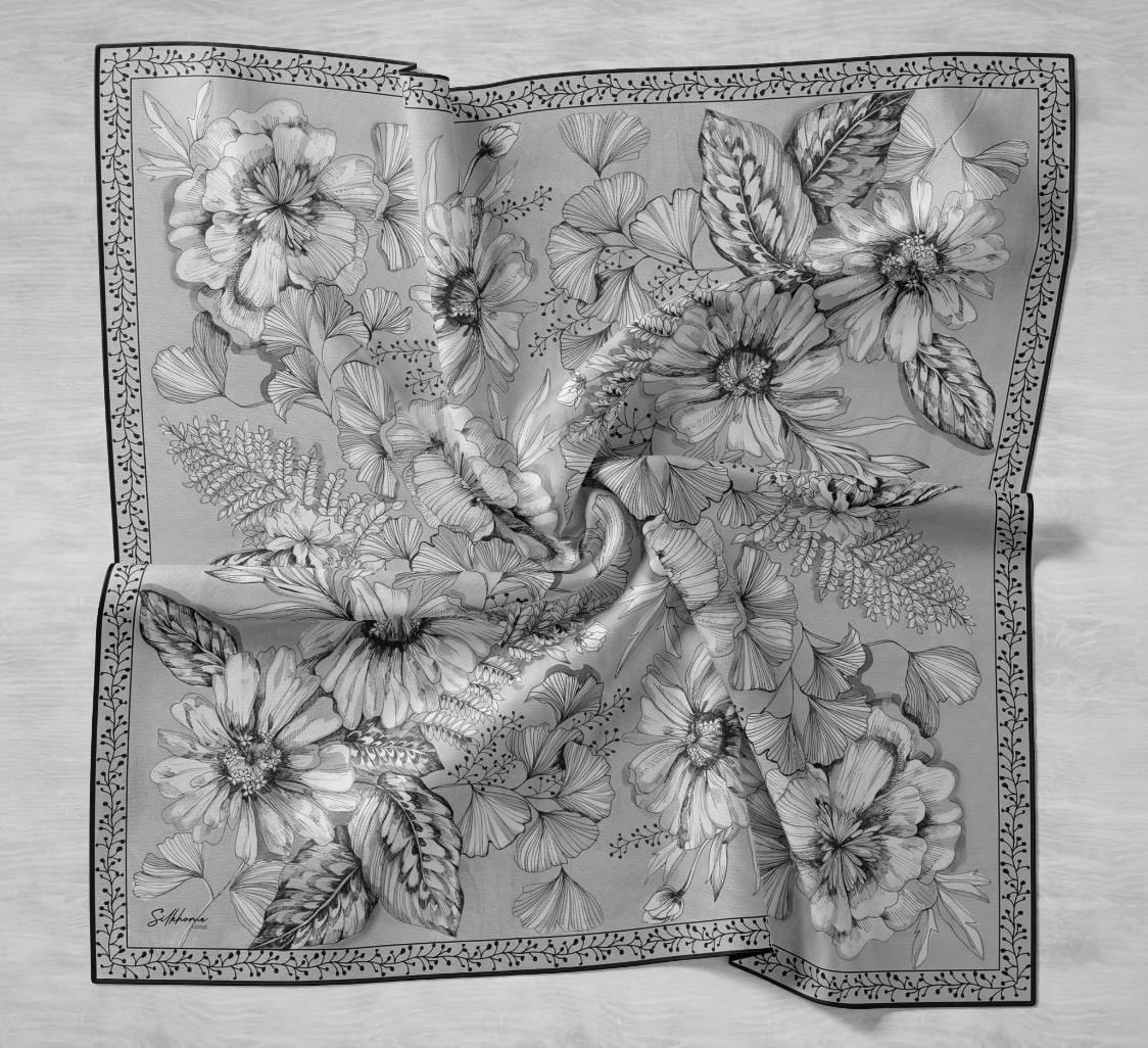 Twill İpek Eşarp Büyük Çiçek Uçuk Gri 90x90