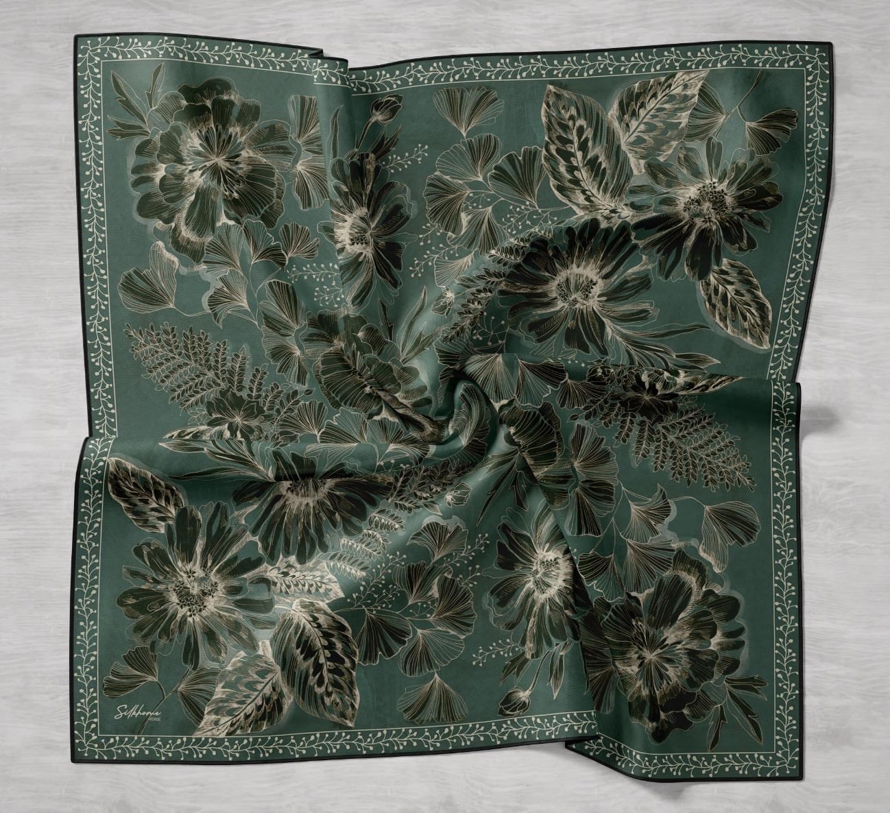 Twill İpek Eşarp Büyük Çiçek Zümrüt 90x90