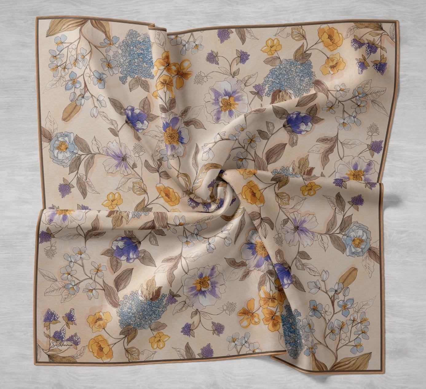 Twill İpek Eşarp Çiçek Rüyası Turuncu Bej 90x90