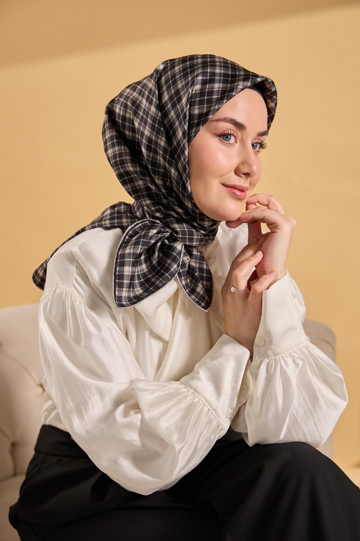 Twill İpek Eşarp Ekose Haki