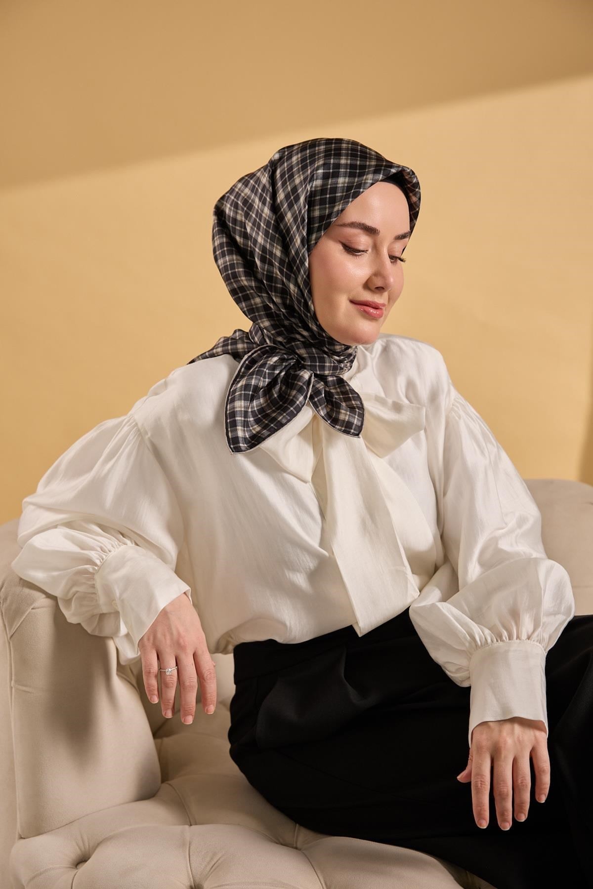 Twill İpek Eşarp Ekose Haki