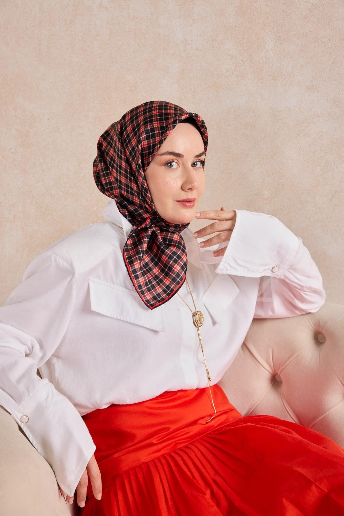 Twill İpek Eşarp Ekose Kırmızı