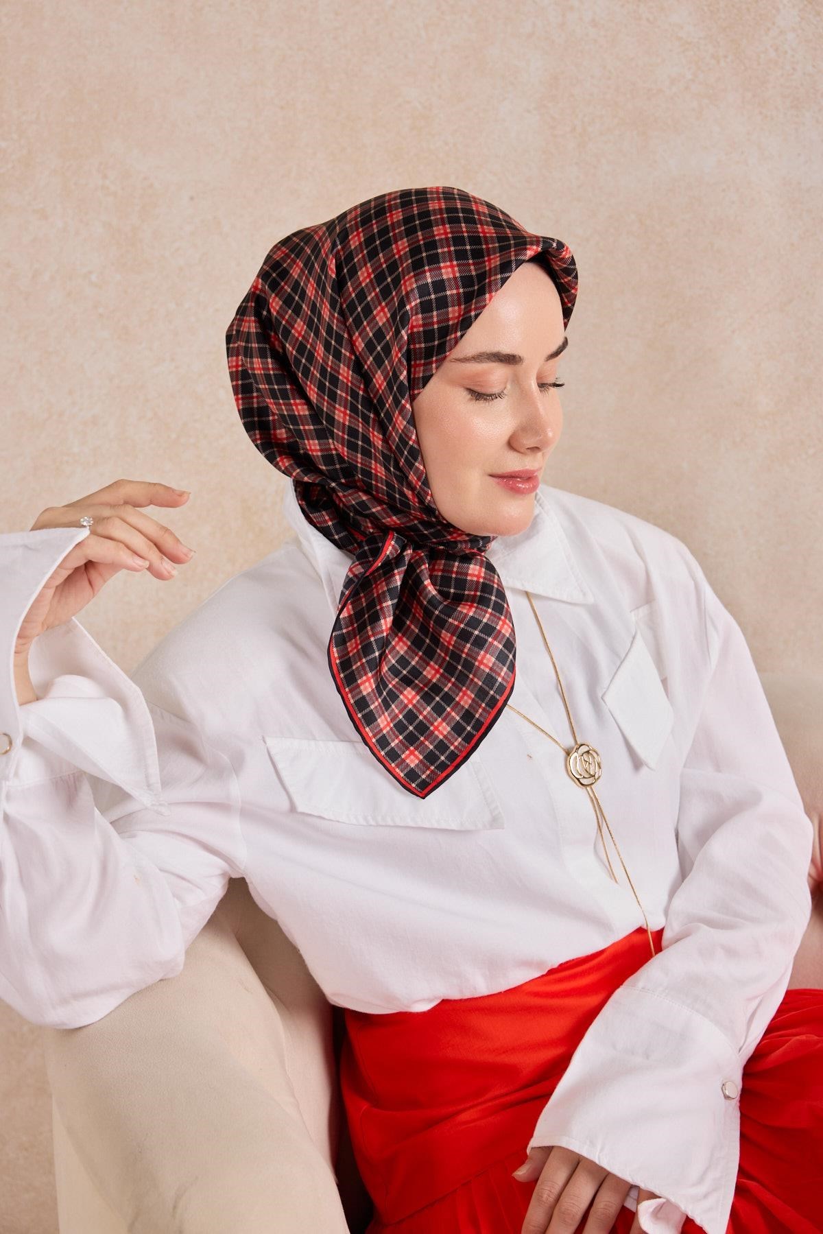 Twill İpek Eşarp Ekose Kırmızı