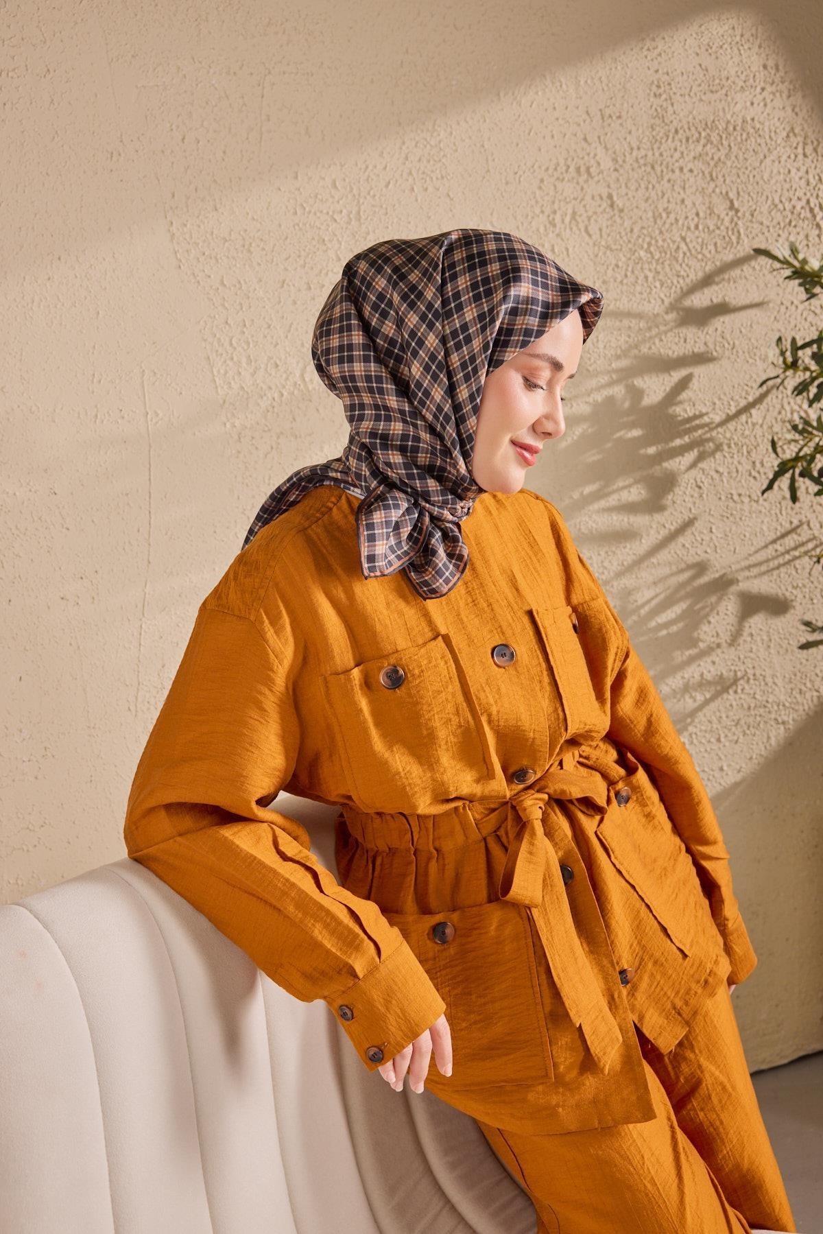 Twill İpek Eşarp Ekose Lacivert