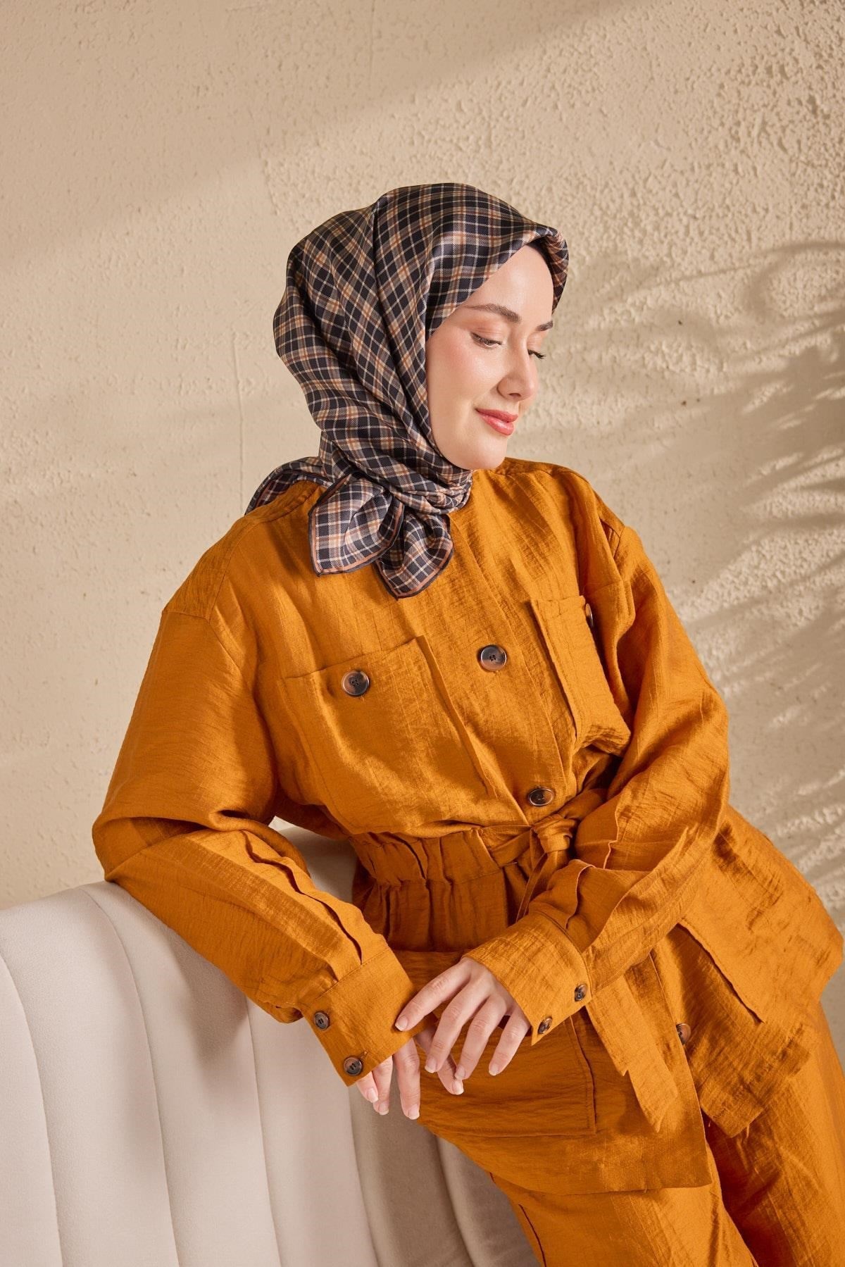 Twill İpek Eşarp Ekose Lacivert