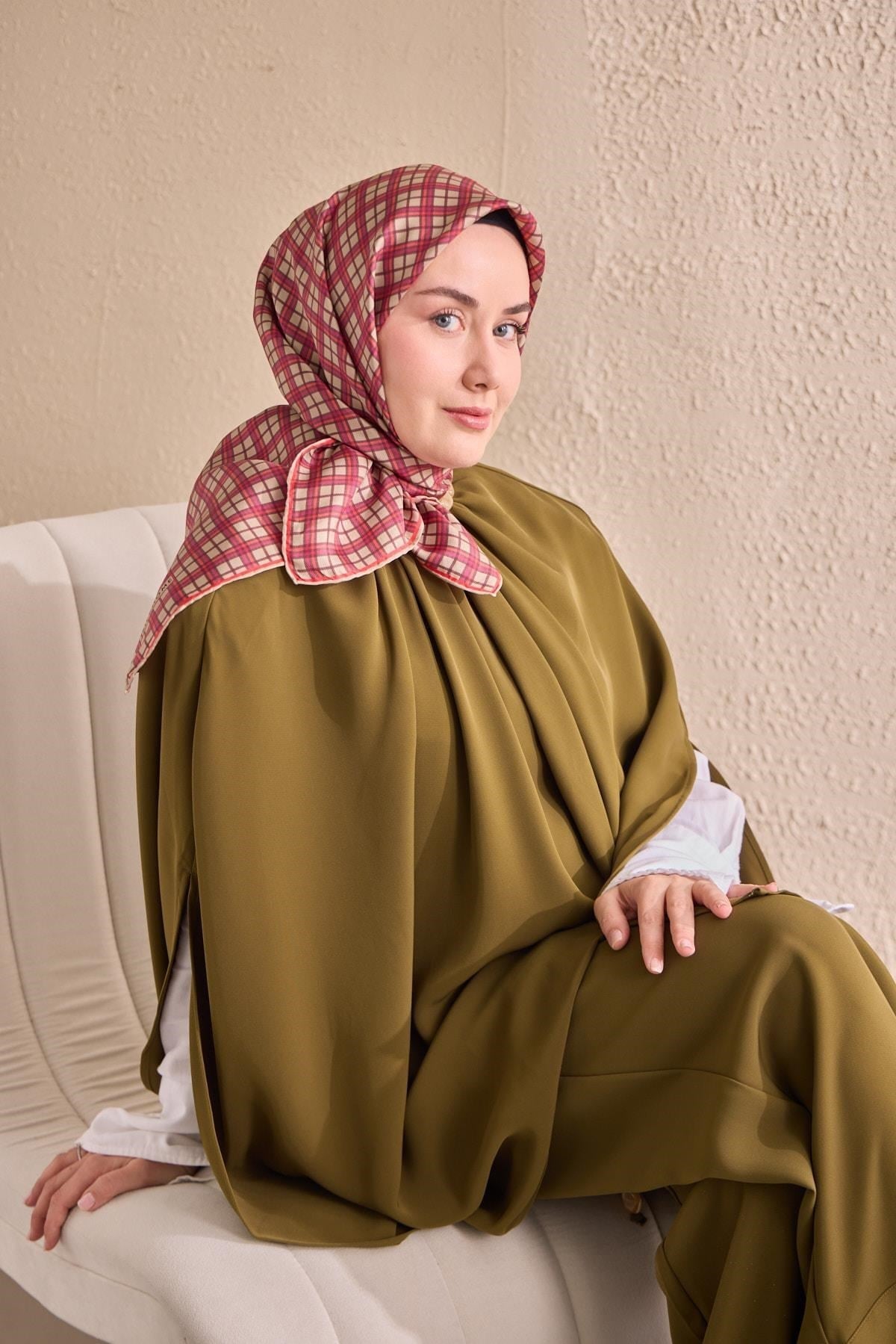 Twill İpek Eşarp Ekose Pembe