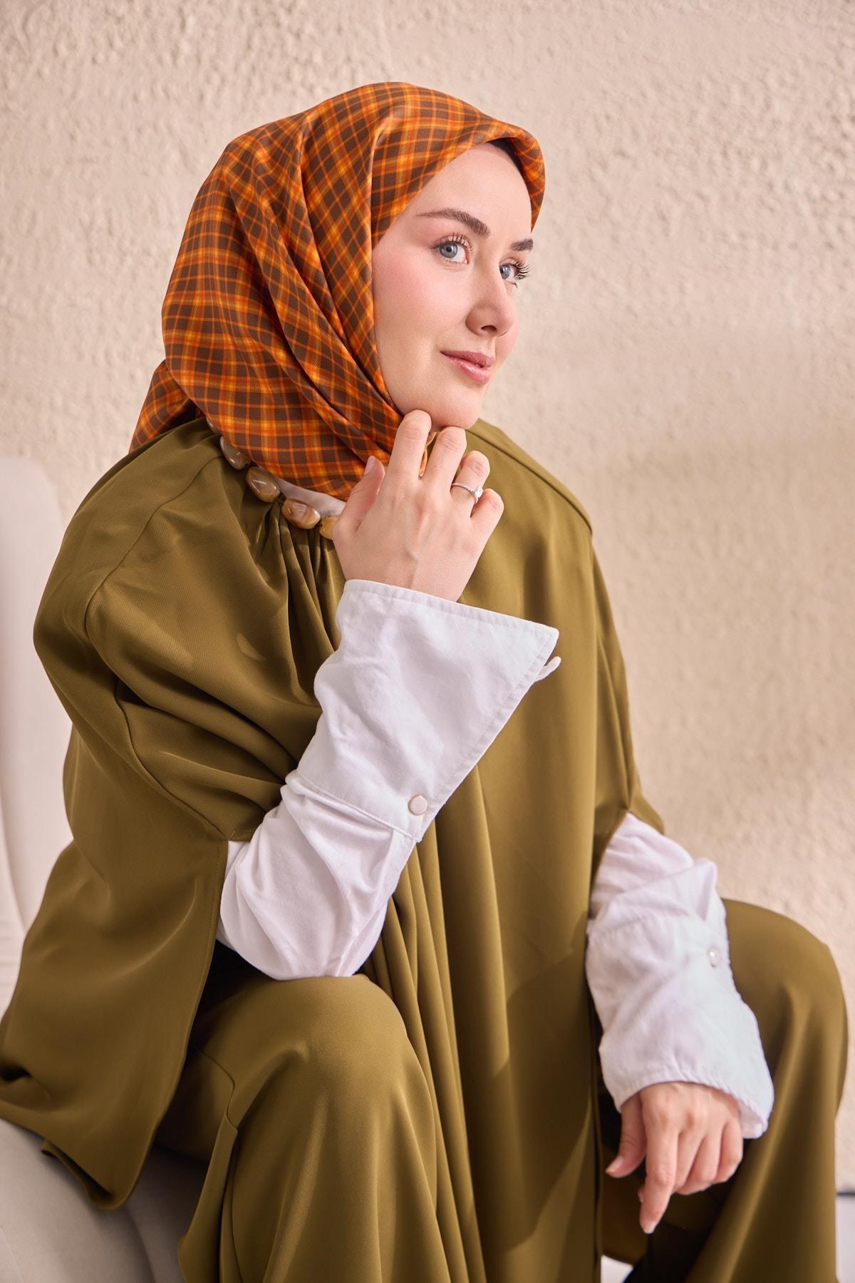 Twill İpek Eşarp Ekose Turuncu