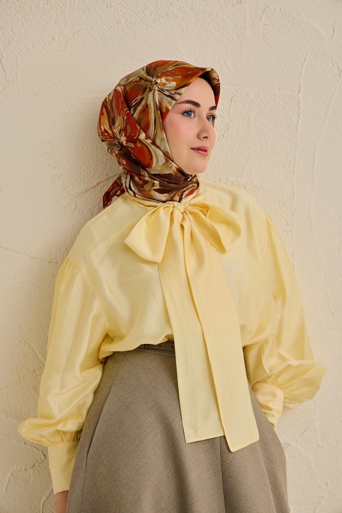 Twill İpek Eşarp Floral Art Desen Taş 90x90