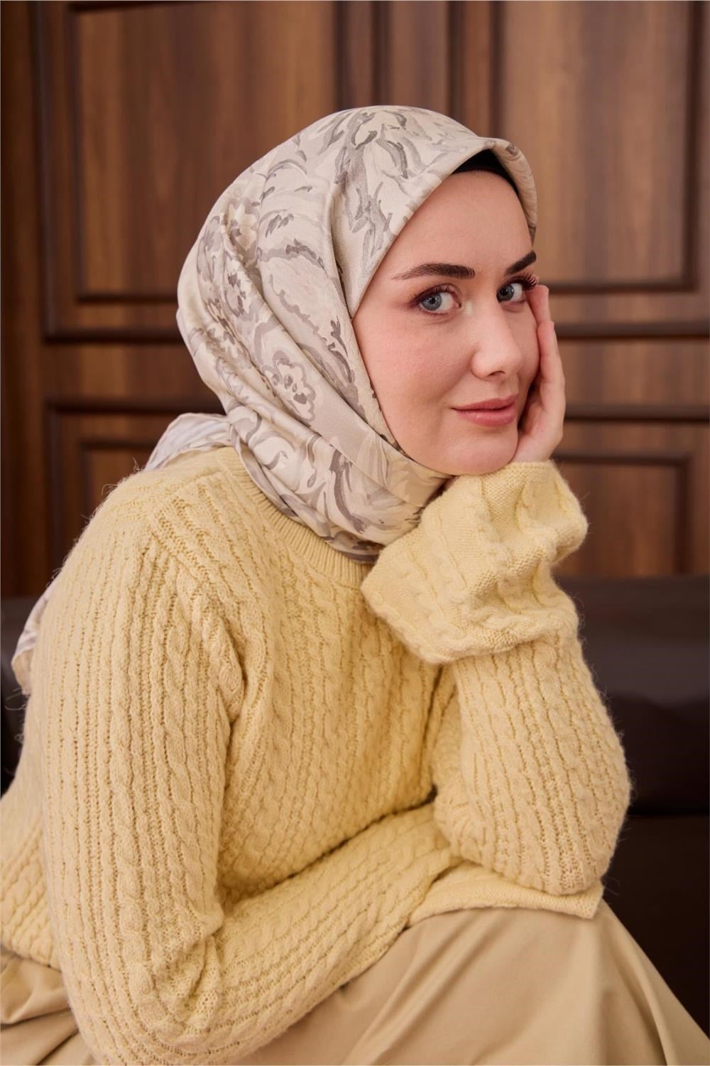 Twill İpek Eşarp Gri-Gümüş Ebru Desenli Tok Duruşlu 90x90