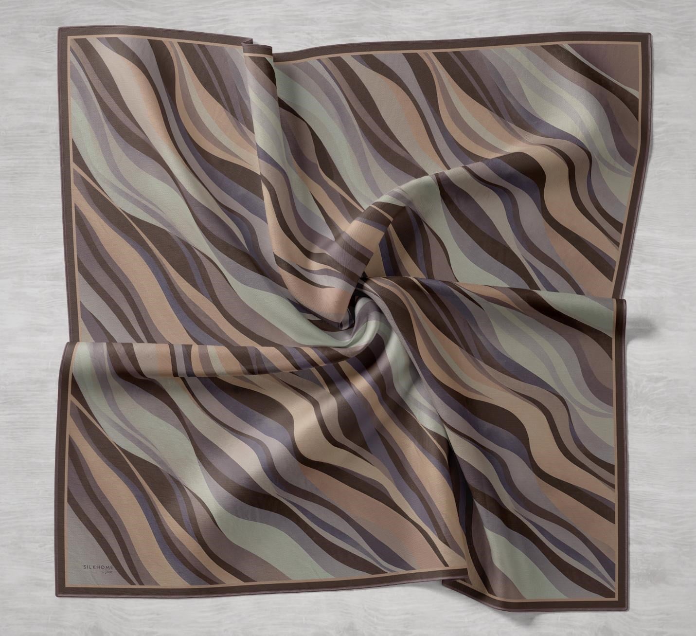 Twill İpek Eşarp Kıvrımlı Şerit Gece Kahve Mor 90x90
